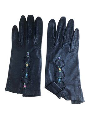 Vintage Womens KIDSKIN GLOVES Black Solid Leather Embroidered Flowers Italy XS S